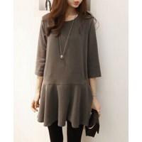 Brief Style Scoop Neck 3/4 Sleeve Solid Color Flounced Dress For Women - Gray 